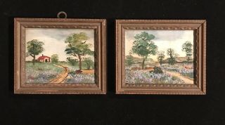 Rare Antique Agnes M Meyers San Antonio Texas Miniature Bluebonnet Oil Paintings