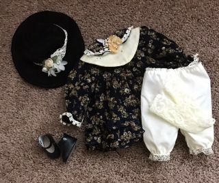 Vtg Doll Dress Clothes Black Floral Corduroy Pantaloons Hat Shoes 14” Doll
