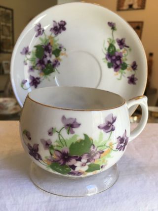 Vintage Tea Cup And Saucer Eggshell China Sweet Violets Hand Painted (rare)