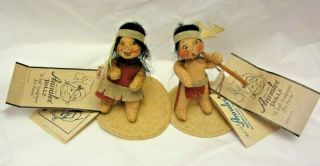 2 Vintage Annalee Doll Indian Boy & Girl Soft Sculpture Art Form 3 " Tall W Tags