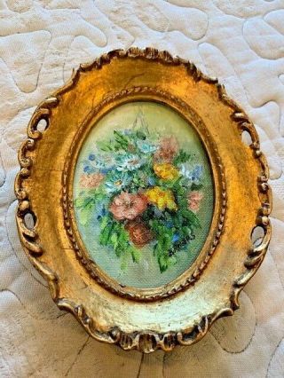 Estate Vintage Mini Framed Floral Flowers Oil Painting In Oval Wood Frame