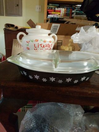 Vintage Pyrex Black White Snowflake Divided Casserole Dish With Lid Cover Rare