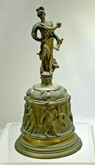Antique Rare Ornate Figural Solid Brass Hand Bell Roman Scene W/finial