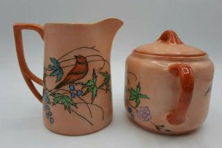 Antique China CT Altwasser Silesia Creamer Sugar Bowl Hand Painted Birds Tree 3