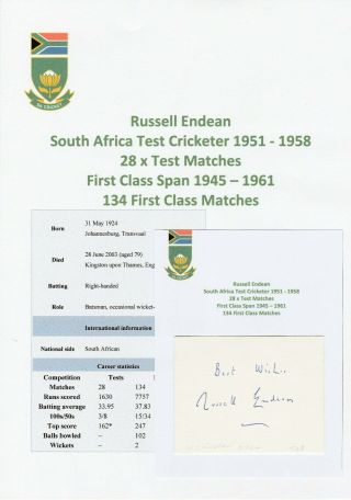 Russell Endean South Africa Test Cricketer 1951 - 1958 Rare Autograph