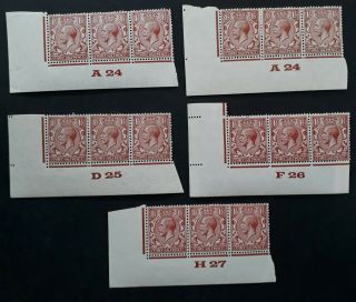 Rare 1912 - Great Britian 5 Strips Of 3 X 1 1/2d Brown Kgv Stamps Plate Numbers