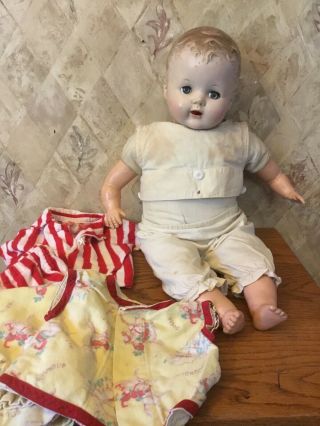 Antique Vintage 21 " Hard Plastic Head Compo Cloth Body Baby Doll Unmarked Johnny