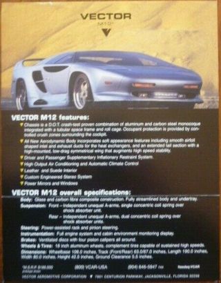 1996 Vector M12 Brochure Rare Lamborghini V12 Jacksonville Florida Us