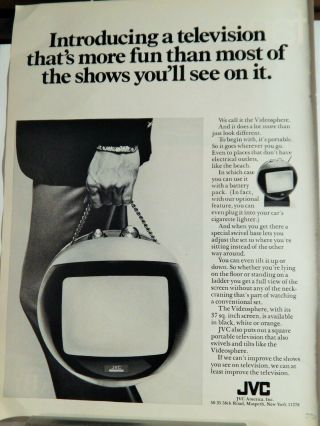 Jvc Videosphere Portable Tv 1971 Vintage Photo Ad,  Rare Sought Ephemera