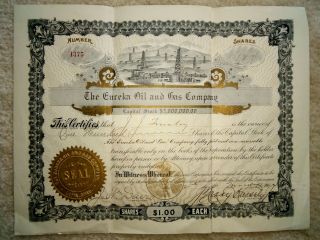 The Eureka Oil And Gas Company Antique Stock Certificate