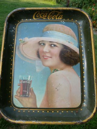 Rare Coca Cola Serving Tray Vintage Green Rim 1922 Advertising Sign Coke Glass
