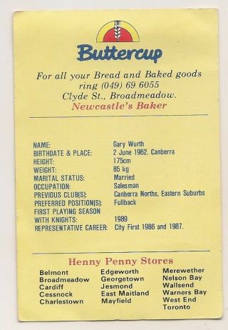 Henny Penny Buttercup Newcastle Knights card Gary Wurth issued 1989 RARE 2