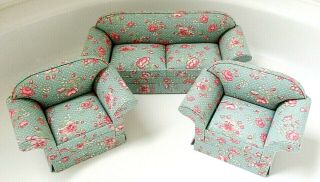Vintage Floral Sofa & 2 Chairs Dollhouse Miniature Furniture