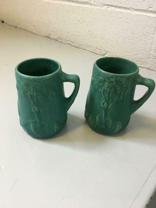 Two Matte Green Arts & Crafts Owens Utopian Mugs