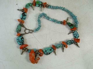 Antique Native American Indian Coral Black Turquoise Sterling Silver Necklace