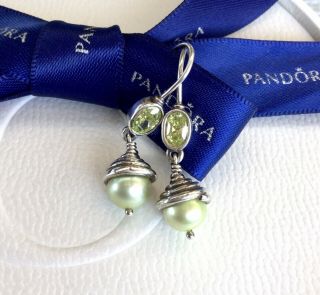 Authentic Pandora Silver Green Lime Pearl Twist Compose Earrings Rare 290384czl