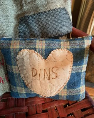 Sm Pillow Of Early Rare Blue Lindsey Woolsey Raised Heart From Old Quilt