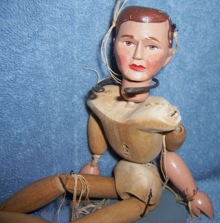 Vintage Wood Wooden Marionette Puppet Doll Man Hand - Carved Paintd Face 2