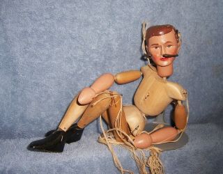 Vintage Wood Wooden Marionette Puppet Doll Man Hand - Carved Paintd Face 3