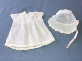 THREE VINTAGE DOLL DRESSES,  ONE BONNET FOR A COMPO OR HARD PLASTIC DOLL 3