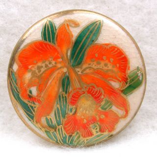 Vintage Satsuma Button Pretty Orchid Flower Design W Gold 1 & 1/16 "