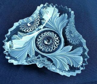 Millersburg Crystal,  Rare Hobstar & Feather Tri - Cornered Small Bowl,  Frosted