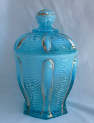 Antique Vintage Northwood Aqua Opalescent Drapery 7 " Tall Covered Jar