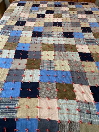 Vintage Handmade Wool 4 Patch Patchwork Quilt 70 " X 90 " 976