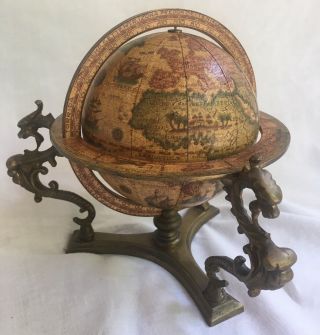 Antique Vintage Old World Italian Globe Zodiac 3 Dragon Base Bronze