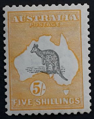 Rare 1929 Australia 5/ - Grey&yellow Orange Kangaroo Stamp Smwmk