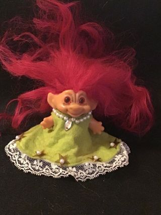 1960s 3 Inch Vintage Troll With Pink Hair And A Green Fancy Dress