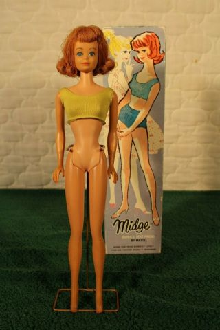 Vintage Mattel Midge Doll With Box And Stand