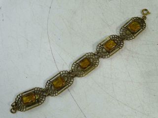 Antique Art Deco Ladies Bracelet Gold Filled Filigree Lattice Yellow Stone Vtg