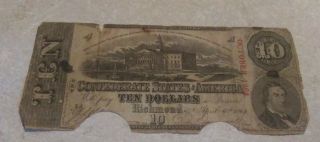 Antique Confederate Currency $10 Richmond Va Note April 6 1863 Uncertified Cut