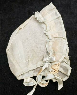 Vintage Antique Doll Bonnet Cotton Organdy Sheer Blue Fabric W Net Lace Trim