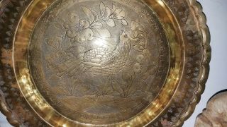 Antique Chinese Export Brass Tray With Etched Bird Design 3
