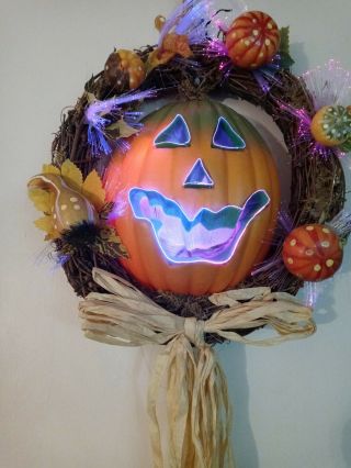 Rare 10 " Fiber Optic Scarecrow Pumpkin Greeter Wreath Halloween Lighted