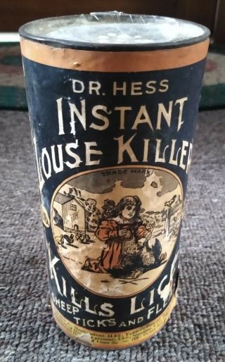 Rare Old Dr.  Hess " Instant Louse Killer " Paper Label Tin.  Cool