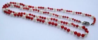 Rare Antique Art Deco Natural Red Coral & Pearl 32 " Long Bead Necklace