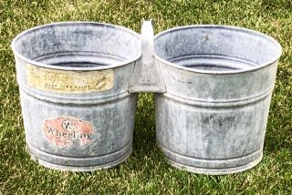 Vintage Rare Wheeling Double Galvanized Tin Metal Bucket Handled Pail