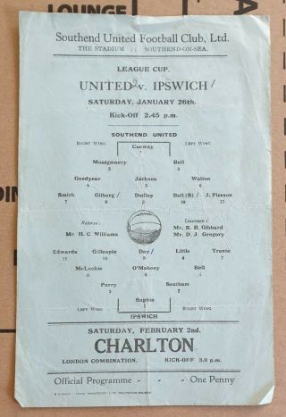 1945/46 League Cup Southend Utd V Ipswich (single Sheet Issue) Rare