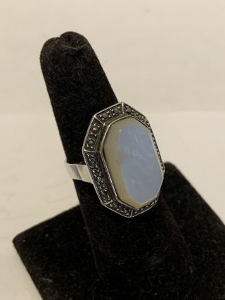 Vintage Antique Sterling Silver With Mother - Of - Pearl & Marcasite Ring Size 7