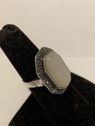 Vintage Antique Sterling Silver With Mother - Of - Pearl & Marcasite Ring Size 7 2