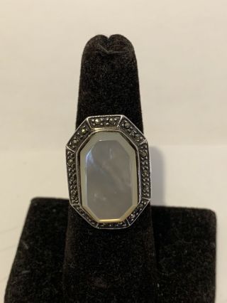 Vintage Antique Sterling Silver With Mother - Of - Pearl & Marcasite Ring Size 7 3