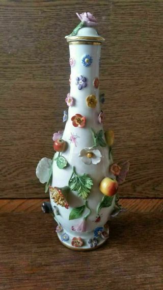 Antique Meissen Porcelain Vase Cover w.  applied Flowers and Insects (1) 2