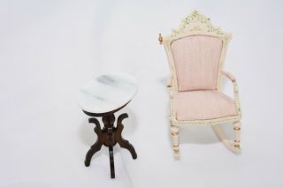 Dollhouse Miniature 1:12,  1” Furniture Wood Upholstered Rocking Chair And Table