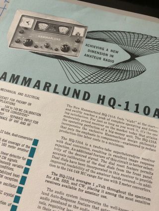 Vintage Hammarlund Hq - 110a Tube Receiver Spec Sheet