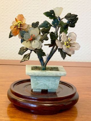 Vintage Chinese Jade Gemstone Bonsai Tree In Jade Pot 4.  5 Ins Tall