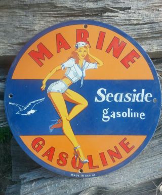 Rare Old Vintage 1947 Seaside Marine Porcelain Sign Gas Oil Car Nos Pinup Bird