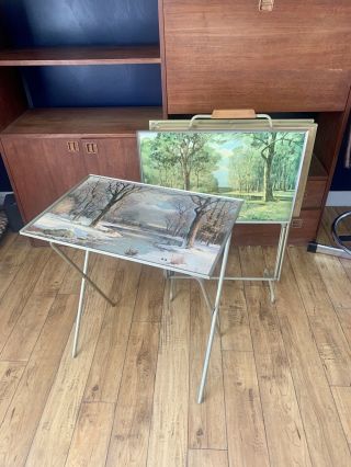 Rare Mid Century Modern Tv Trays Tables With Stand Famous Robert Wood Painting